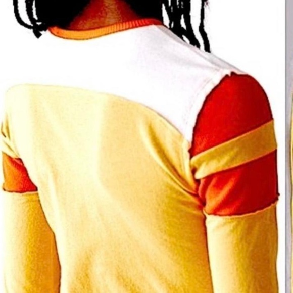 BDG Cole V-neck long sleeves tee yellow white orange trim top Sz M - Picture 2 of 8